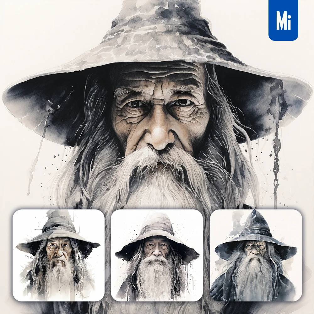 Midjourney Prompt Old Man Wizard Enchantface Head Painting Black And White