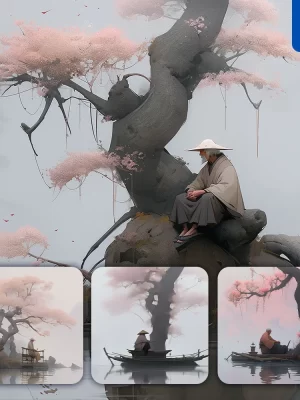 Midjourney Prompt Oldman Taoist Peach Blossom Priest Sit Tree 3d Illustration