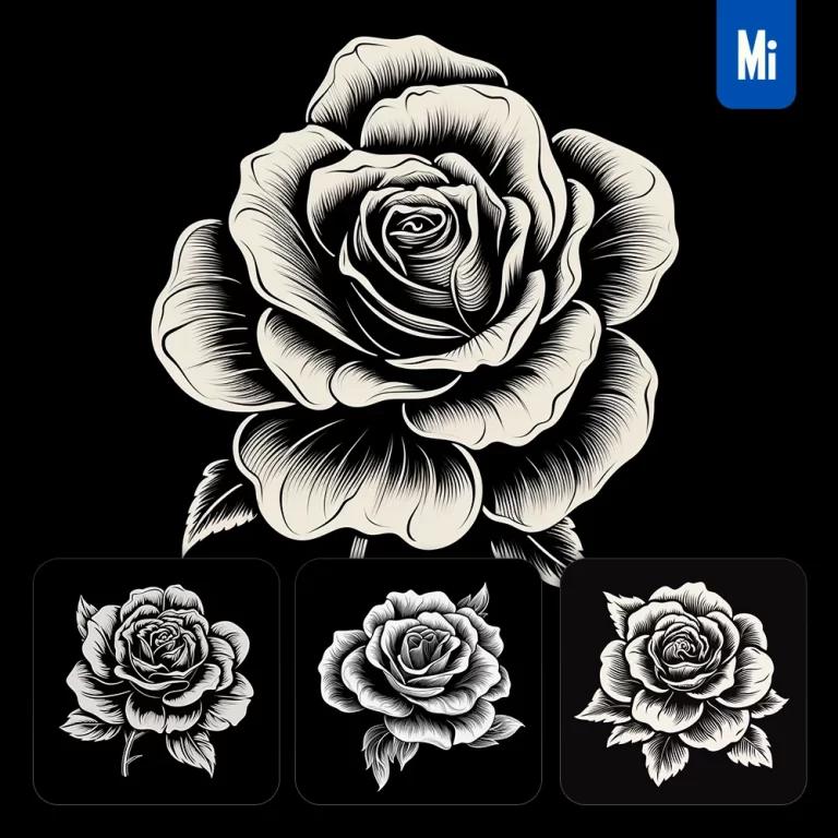 midjourney prompt rose flower black and white drawing victor ink illustration logo