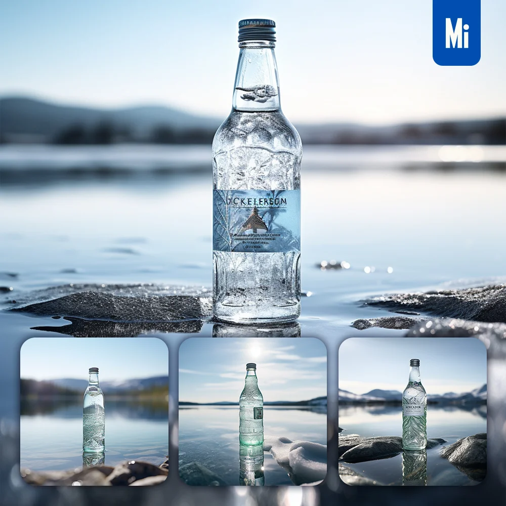 Midjourney Prompt Sparkling Spring Mineral Water Bottle Lake River Photography