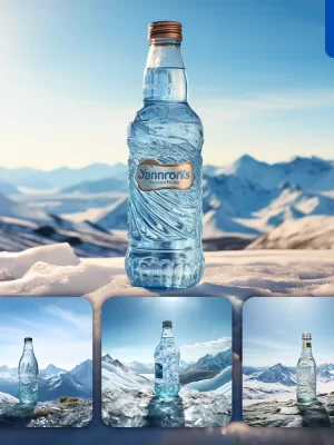 Midjourney Prompt Sparkling Spring Mineral Water Bottle Snow Winter Photography