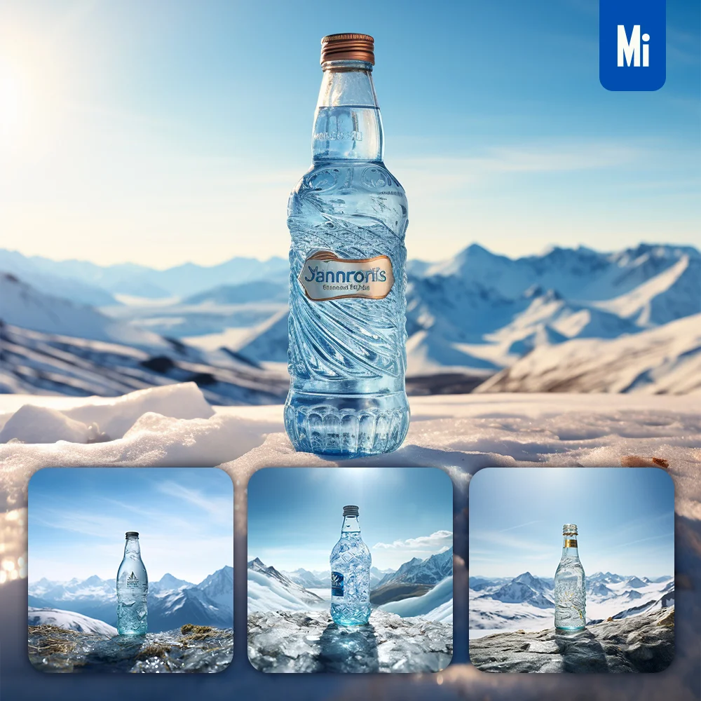 Midjourney Prompt Sparkling Spring Mineral Water Bottle Snow Winter Photography