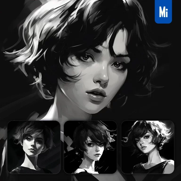 midjourney prompt woman anime portrait hair cool lady black and white graceful painting