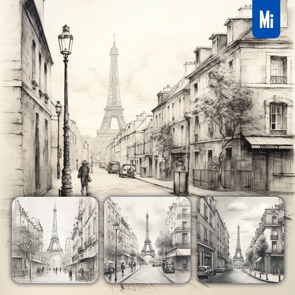 Midjourney Prompt Paris Eiffel Tower Street Pencil Drawing Sketch