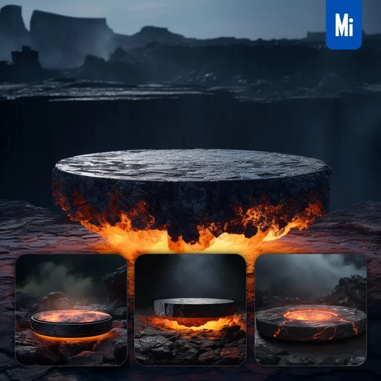 midjourney prompt fire lava round flat podium orange coal rock scene stage