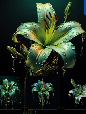 Midjourney Prompt Flower Lily Green Dripping Water Drop Rain Liquid