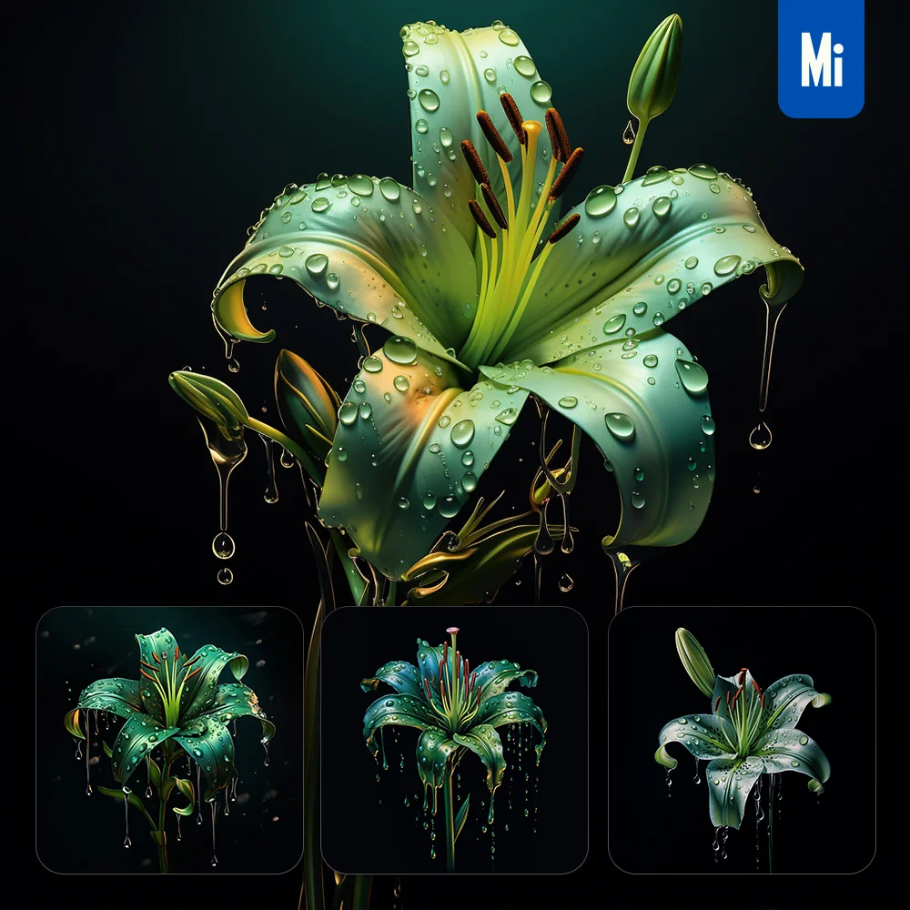 Midjourney Prompt Flower Lily Green Dripping Water Drop Rain Liquid
