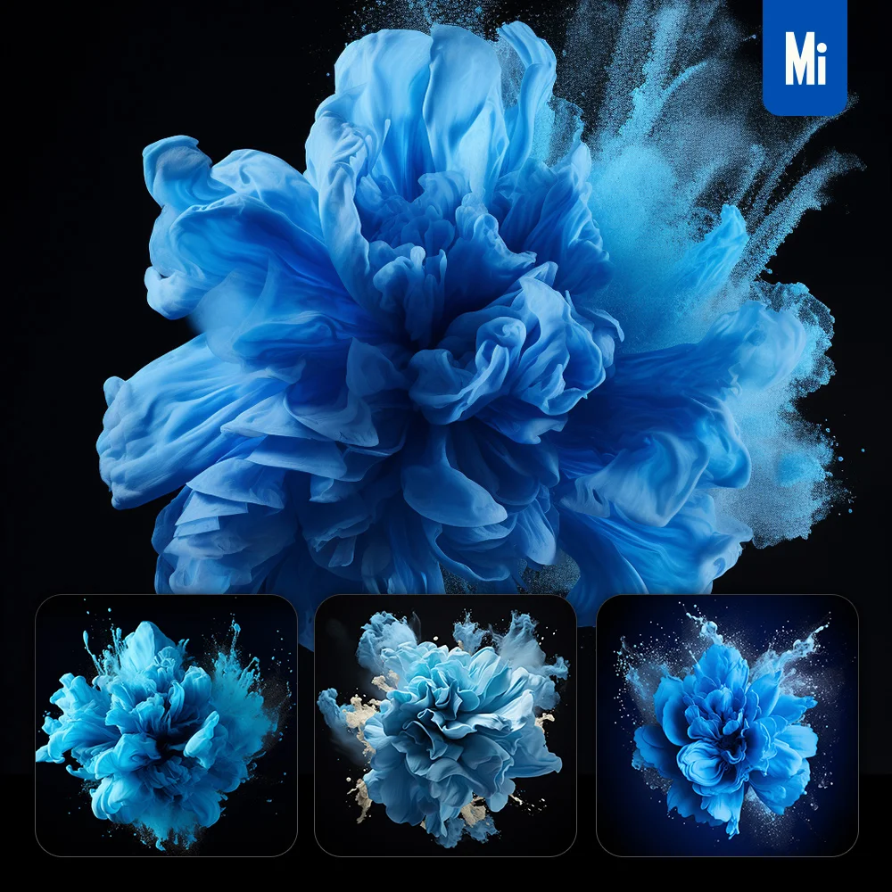 Midjourney Prompt Flower Petal Blue Smoke Powder Explosion Burst Blast