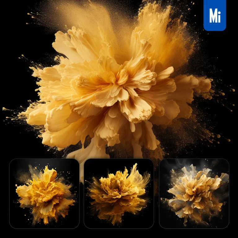 midjourney prompt flower petal gold smoke powder explosion burst blast