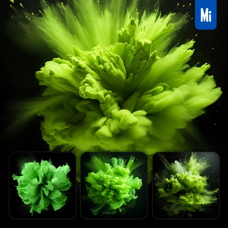 midjourney prompt flower petal green smoke powder explosion burst blast