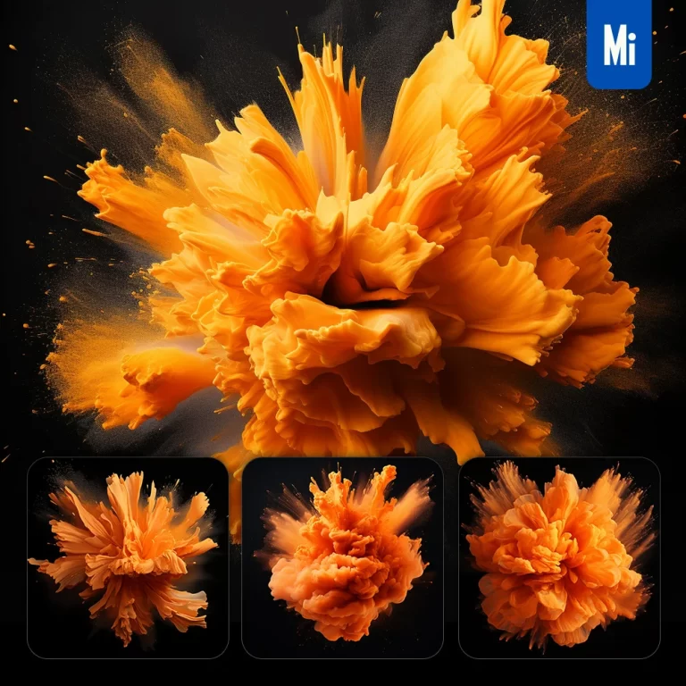 midjourney prompt flower petal orange smoke powder explosion burst blast