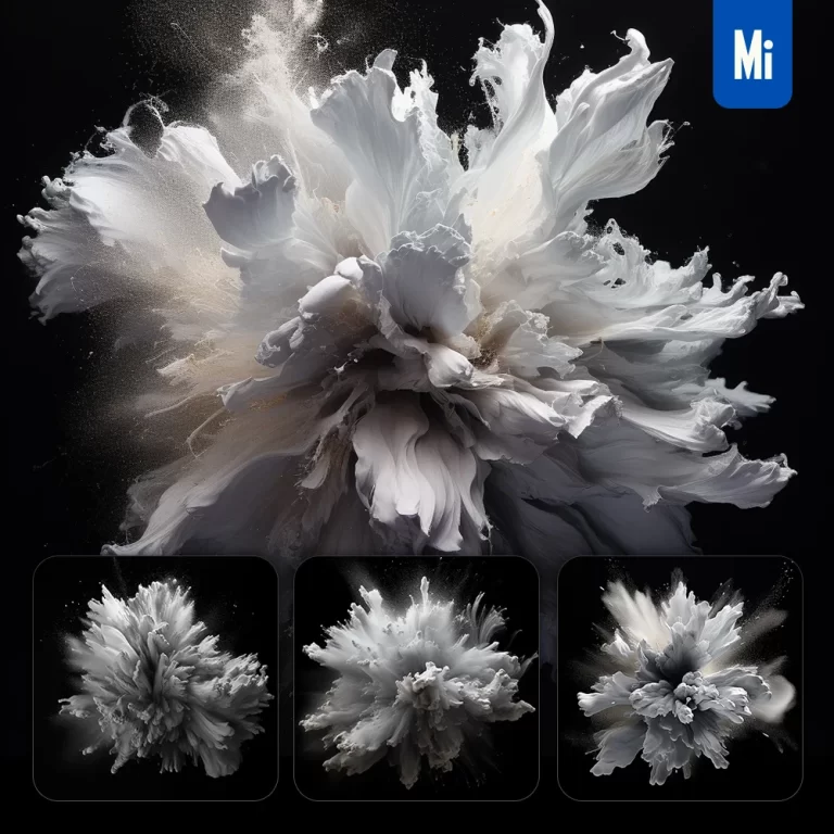 midjourney prompt flower petal silver smoke powder explosion burst blast