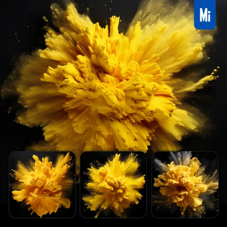 midjourney prompt flower petal yellow smoke powder explosion burst blast