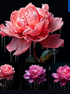 Midjourney Prompt Flower Pink Peony Dripping Water Drop Rain Liquid