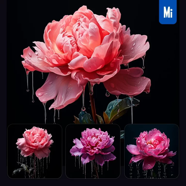 midjourney prompt flower pink peony dripping water drop rain liquid