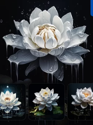 Midjourney Prompt Flower White Lotus Dripping Water Drop Rain Liquid