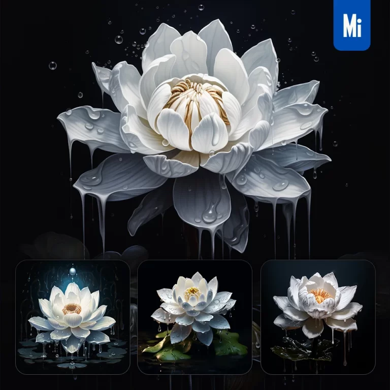midjourney prompt flower white lotus dripping water drop rain liquid