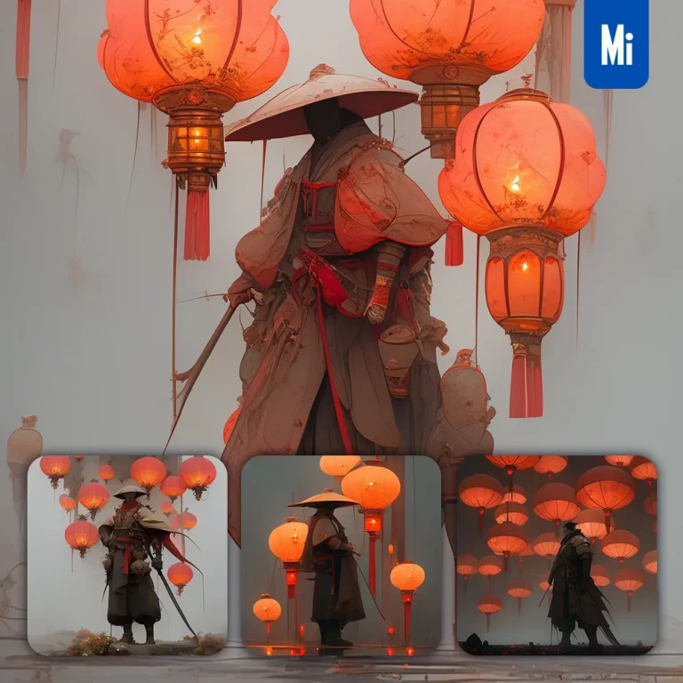 midjourney prompt man male warrior lantern Chinese character Japanese 3d cartoon illustration
