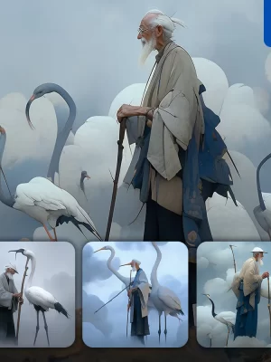 Midjourney Prompt Oldman Grandpa Crane Walking Stick Chinese Character Japanese 3d Cartoon Illustration