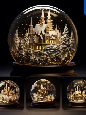 Midjourney Prompt Snow Globe Tree Castle Glass Sphere Warm