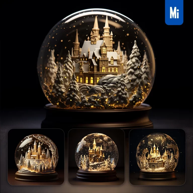 midjourney prompt snow globe tree castle glass sphere warm