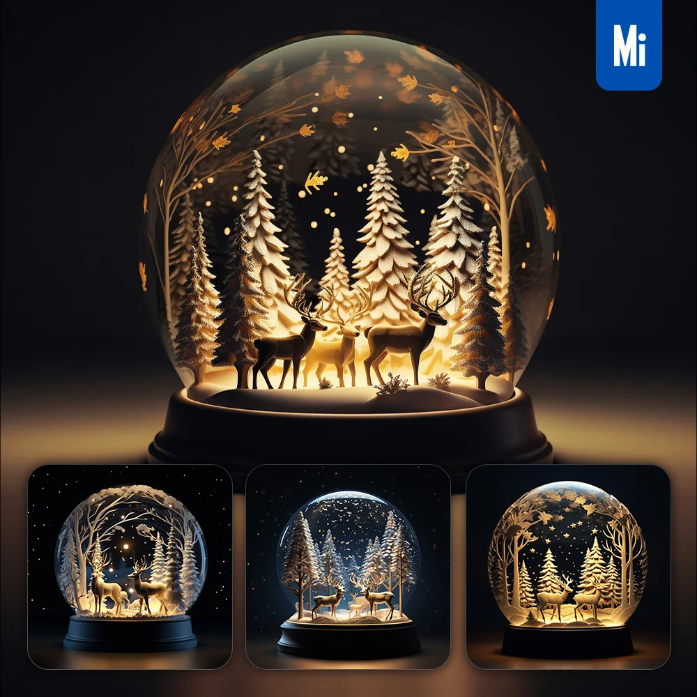 Midjourney Prompt Snow Globe Tree Deer Glass Sphere Warm