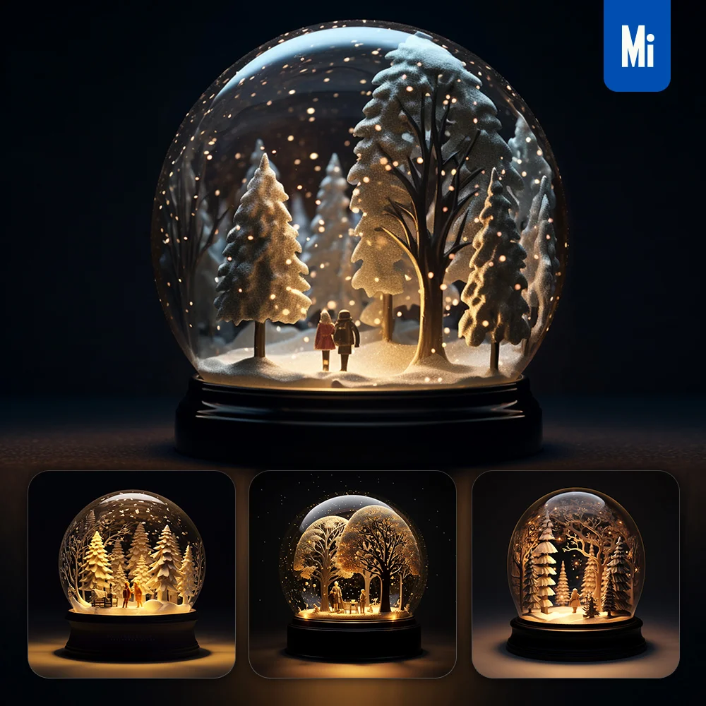 Midjourney Prompt Snow Globe Tree People Christmas Glass Sphere Warm