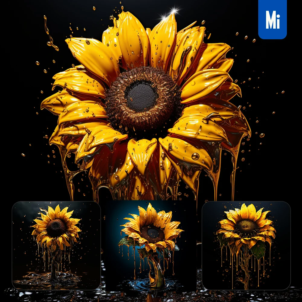 Midjourney Prompt Sunflower Yellow Dripping Water Drop Rain Liquid