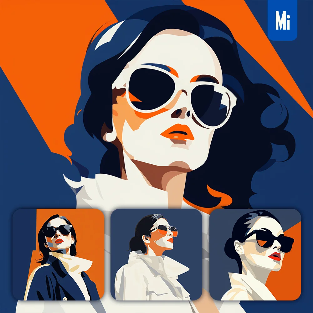 Midjourney Prompt Sunglass Woman Lady Minimalistic Flat Illustration Vector Blue