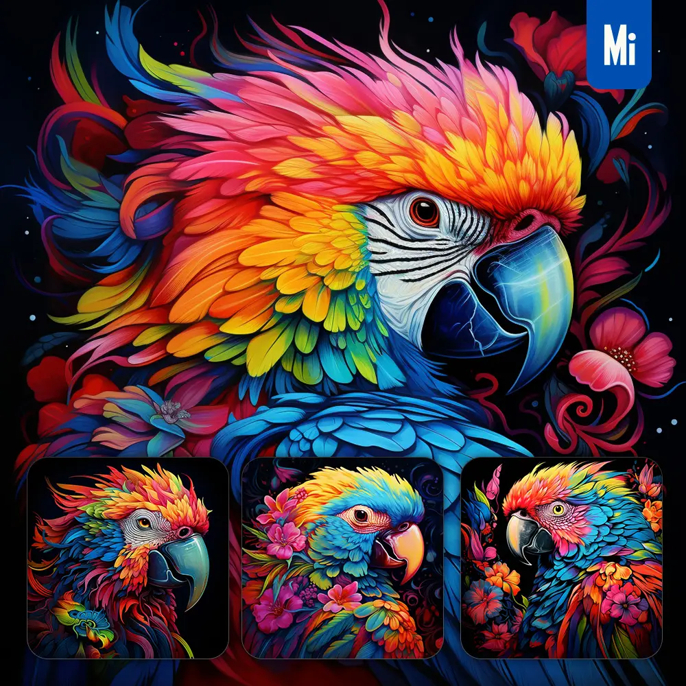 Midjourney Prompt Bird Parrot Head Flower Colorful Painting Illustration