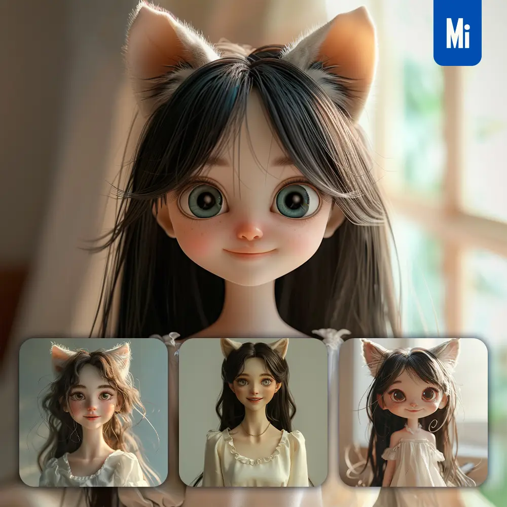 Midjourney Prompt Girl Woman Doll Cat Ear Smile Happily Cute