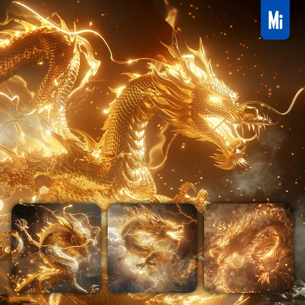 midjourney prompt Chinese dragon fire lighting gold golden 3D CG