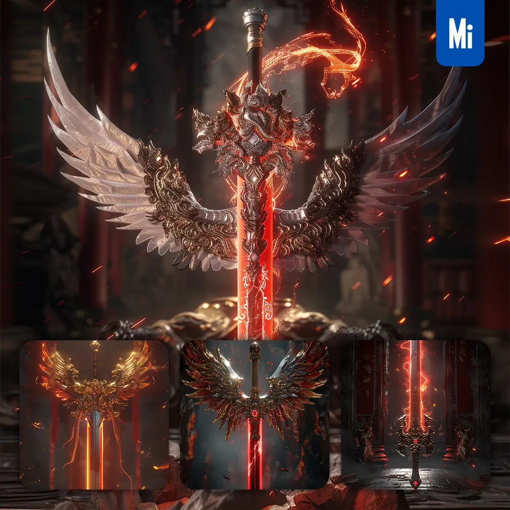 midjourney prompt Chinese sword 3D game red flame lighting dark CG