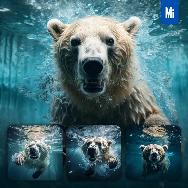 midjourney prompt bear underwater sea light swim diving photography