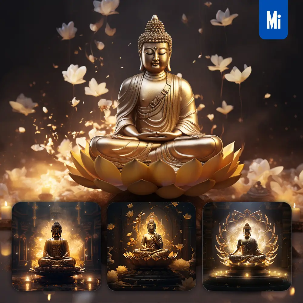 Midjourney Prompt Buddha Golden Metal Lotus Gold Lighting Virtual Buddhism