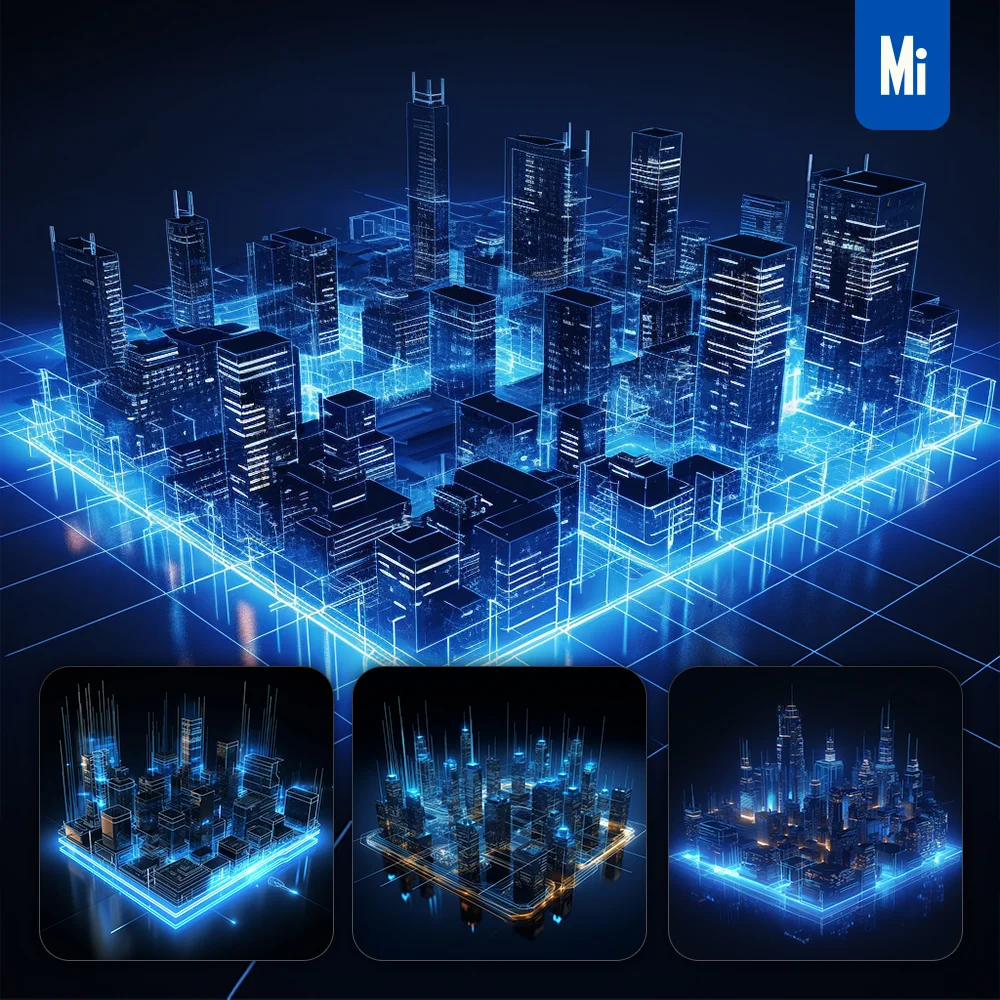 Midjourney Prompt City Building Wireframe Structural Isometric Digital Technological Technology Perspective