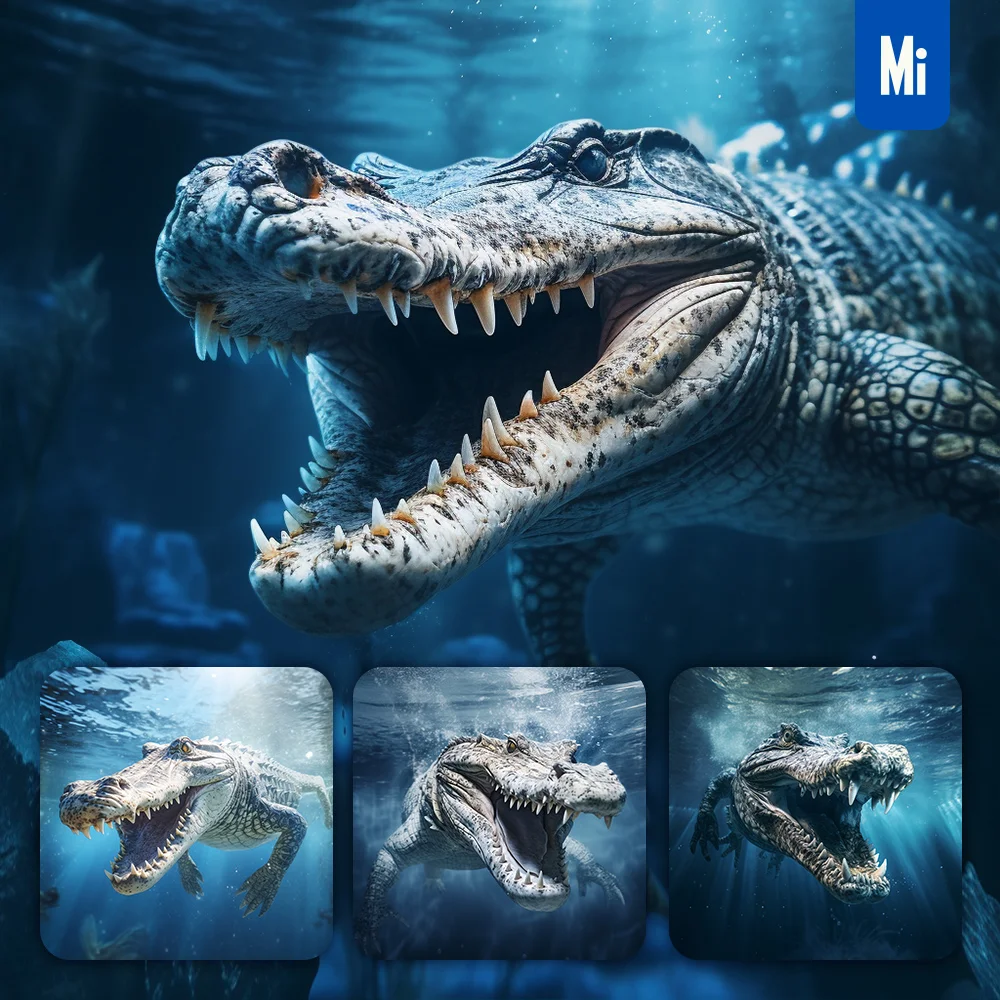 Midjourney Prompt Crocodile Alligator Underwater Sea Light Swim Diving Photography