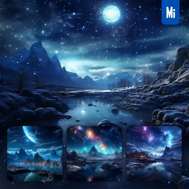 midjourney prompt dark surreal sky moonlight starlight tree star galaxy blue night river virtual dream