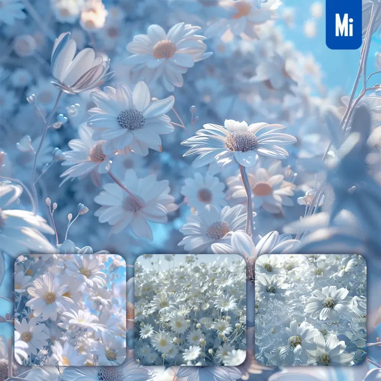 midjourney prompt flower white blue chrysanthemum daisy petal 3D