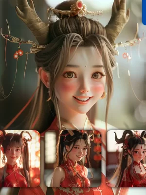 Midjourney Prompt Girl Chinese Dragon Horn Smile Happily Cute