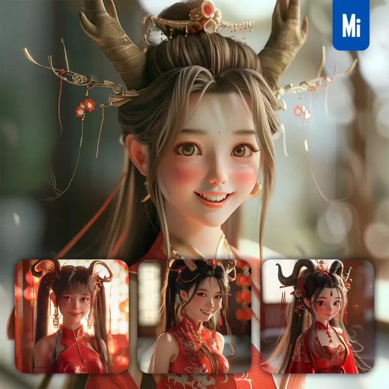 midjourney prompt girl Chinese dragon horn smile happily cute