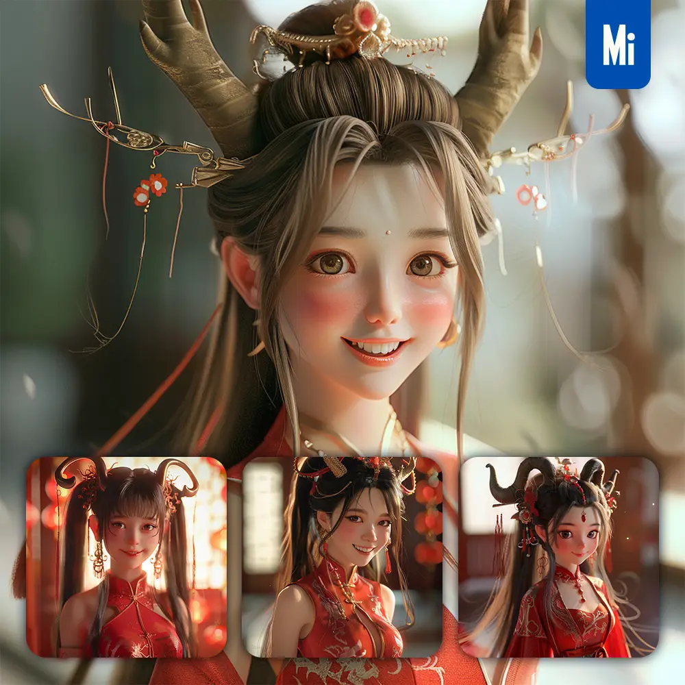 Midjourney Prompt Girl Chinese Dragon Horn Smile Happily Cute