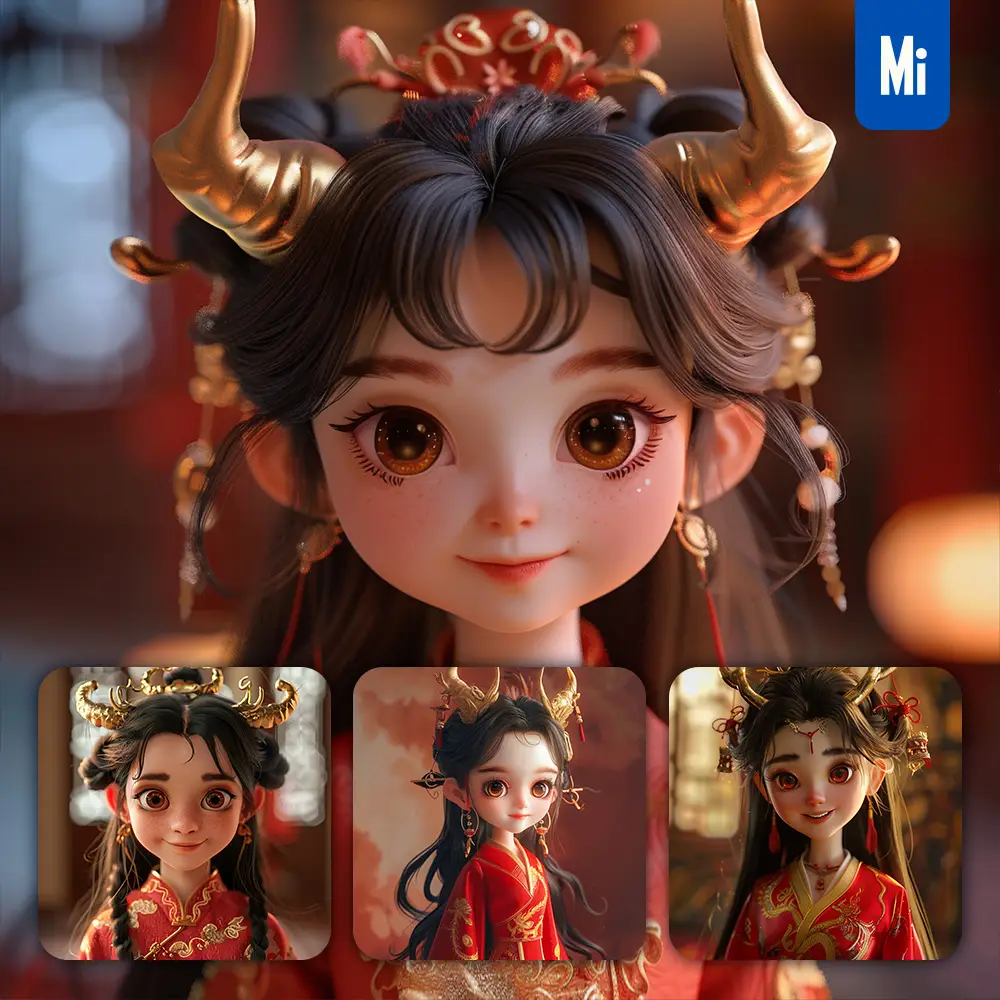 Midjourney Prompt Girl Doll Red Chinese Dragon Horn Smile Happily Cute
