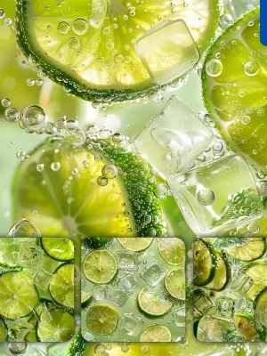 Midjourney Prompt Green Lemon Slice Ice Cube Sparkling Water Bubble Photography