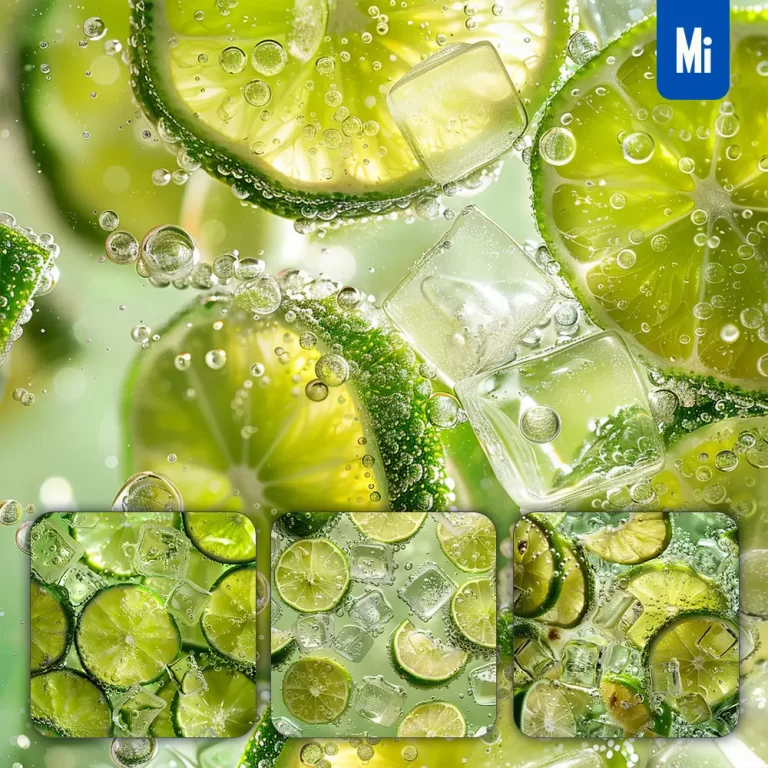 midjourney prompt green lemon slice ice cube sparkling water bubble photography