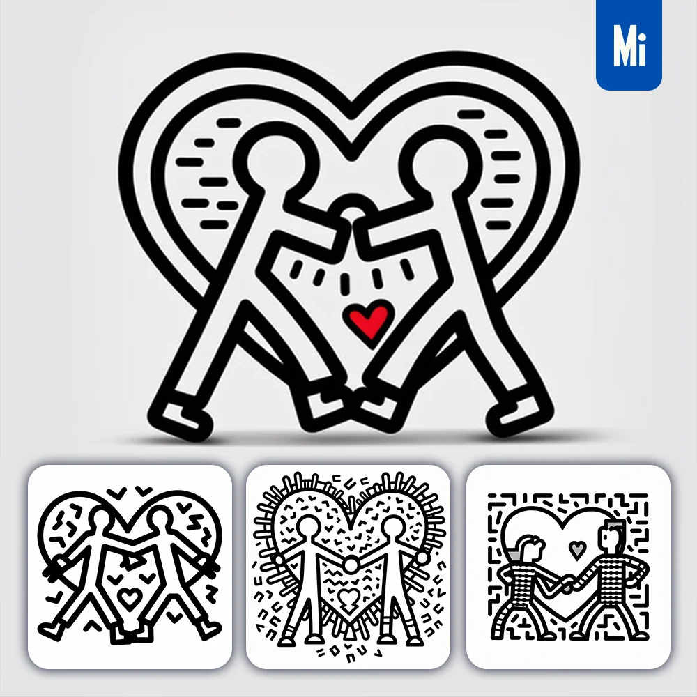 midjourney prompt heart people man line illustration black and white drawing