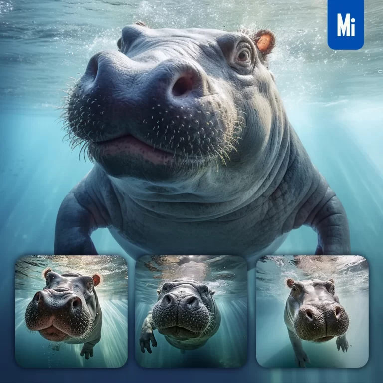 midjourney prompt hippo underwater sea light swim diving photography