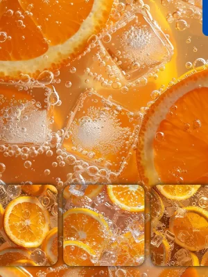 Midjourney Prompt Ice Cube Orange Slice Sparkling Water Bubble Photography