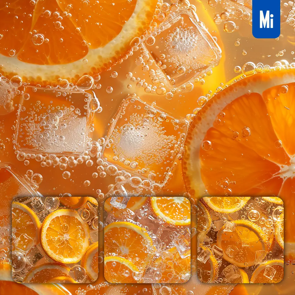 Midjourney Prompt Ice Cube Orange Slice Sparkling Water Bubble Photography
