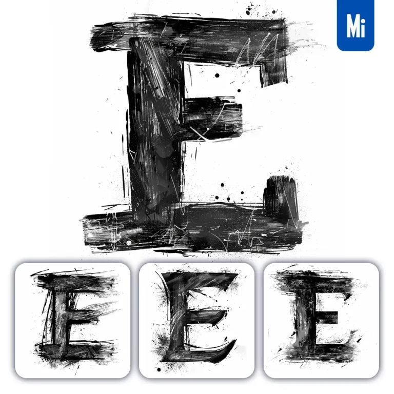 midjourney prompt letter E brush ink black and white font stroke art